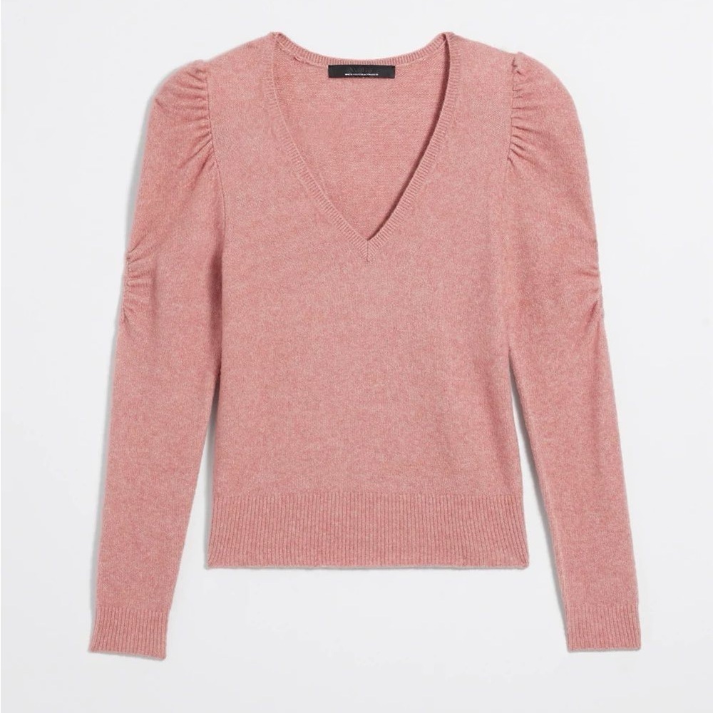 White House Black Market Puff Sleeve V-Neck Pull Over Blush Sweater - Picture 2 of 7